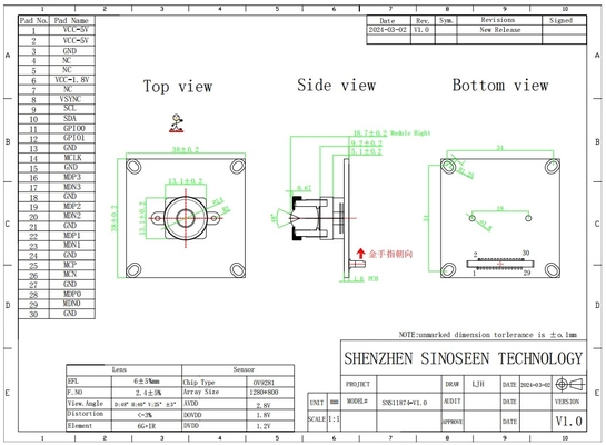 OV9281 MIPI Kameramodul 1280x800 120FPS für Smart Transportation